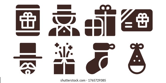 surprise icon set. 8 filled surprise icons.  Simple modern icons such as: Magician, Gift, Christmas sock, Presents, Party hat, Gift card