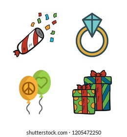 surprise icon set. vector set about engagement ring, balloons, christmas present and confetti icons set.