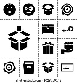 Surprise icons. set of 13 editable filled surprise icons such as chest, gift, surprised emot, box, arrow up, present, party pipe