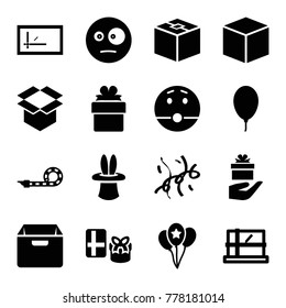 Surprise icons. set of 16 editable filled surprise icons such as parcel, box, surprised emot, gift, balloon, party pipe, confetti