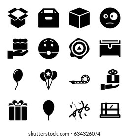 Surprise icons set. set of 16 surprise filled icons such as parcel, chest, surprised emot, box, arrow up, present, balloon, party pipe, confetti, gift on hand
