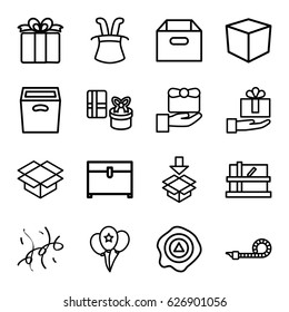 Surprise icons set. set of 16 surprise outline icons such as parcel, chest, box, arrow up, present, party pipe, confetti, balloon, gift, magic hat