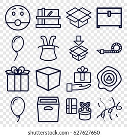 Surprise icons set. set of 16 surprise outline icons such as parcel, chest, box, arrow up, present, balloon, party pipe, confetti, surprised emot, gift, magic hat