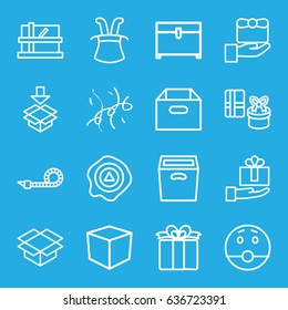 Surprise icons set. set of 16 surprise outline icons such as parcel, chest, box, arrow up, present, party pipe, confetti, surprised emot, gift, magic hat