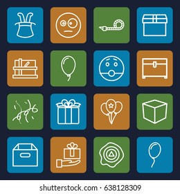 Surprise icons set. set of 16 surprise outline icons such as parcel, chest, arrow up, present, balloon, party pipe, confetti, surprised emot, box, magic hat
