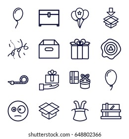 Surprise icons set. set of 16 surprise outline icons such as parcel, chest, box, arrow up, present, balloon, party pipe, confetti, surprised emot, gift, magic hat