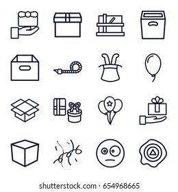 Surprise icons set. set of 16 surprise outline icons such as parcel, box, arrow up, balloon, party pipe, confetti, surprised emot, gift, magic hat