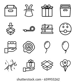 Surprise icons set. set of 16 surprise outline icons such as parcel, box, arrow up, present, balloon, party pipe, confetti, surprised emot, gift, magic hat