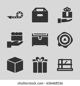 Surprise icons set. set of 9 surprise filled icons such as parcel, chest, arrow up, present, party pipe, gift on hand, box