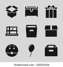 Surprise icons set. set of 9 surprise filled icons such as parcel, chest, surprised emot, box, present
