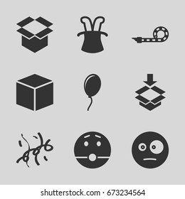 Surprise icons set. set of 9 surprise filled icons such as surprised emot, box, party pipe, confetti, balloon
