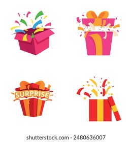 Surprise icons set cartoon vector. Open gift box with confetti. Celebration concept
