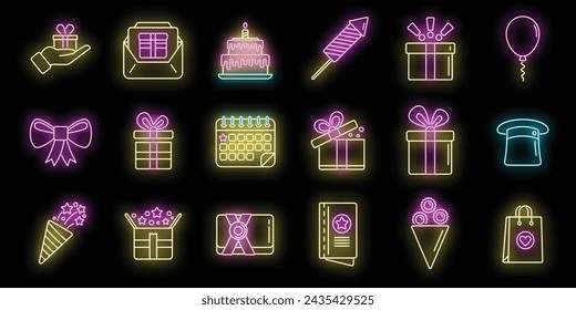Iconos de la sorpresa establecen el vector de contorno. Caja de regalo. Neón presente de cumpleaños aislado