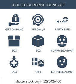 surprise icons. Trendy 9 surprise icons. Contain icons such as gift on hand, arrow up, party pipe, box, surprised emot, gift. surprise icon for web and mobile.