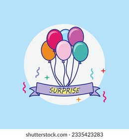 Surprise Illustration with Helium Balloons. Flat Cartoon Style Vector Design. Surprise Word Concepts Banner.