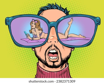 Surprise at the incredible beauty of the model. Huge glasses and reflection in them. A man with glasses looks at a girl in a bikini.