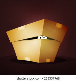 Surprise Inside Birthday Cardboard Box/ Illustration of a funny cartoon creature or animal's character eyes hiding and looking inside a cardboard box delivery