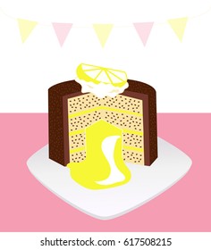 Surprise lemon cake with bunting on a pink background