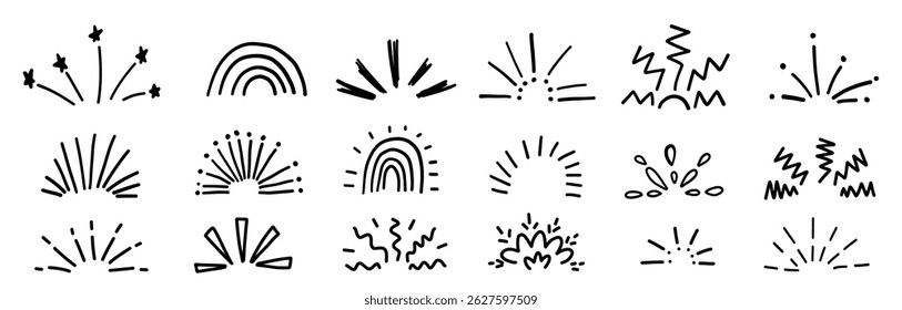 Elemento de linha surpresa para decoração de atenção. Brilhar ilustração desenhada à mão vetor em estilo cômico doodle isolado no fundo branco. Esboços de raios solares.