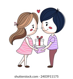 A surprise for a loved one. Joyful moments of life. A couple in love gives each other gifts. Pleasant trifles. Color vector. Images produced without the use of any form of AI software at any stage. 