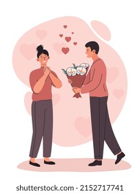 Surprise for loved one. Man gives his girlfriend flowers, young and happy couple. Romantic date concept, valentines day roast or March 8th. Care, support and love. Cartoon flat vector illustration