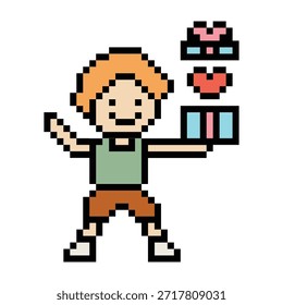 Surprise man with gift Box give with happy present in 8 bit pixel art cartoon. Celebration, box, party, gift, surprise, happy , celebration and party.