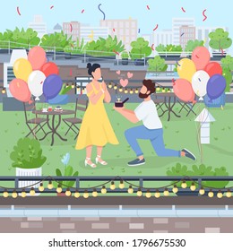 Surprise marriage proposal flat color vector illustration. Boyfriend propose on knee with diamond ring. Engagement party on rooftop. Couple 2D cartoon character with landscape on background