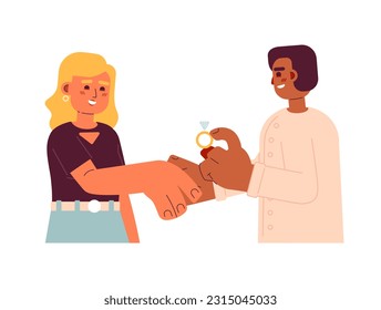 Surprise marriage proposal flat concept vector spot illustration. Interracial couple holding hands 2D cartoon characters on white for web UI design. Wedding isolated editable creative hero image