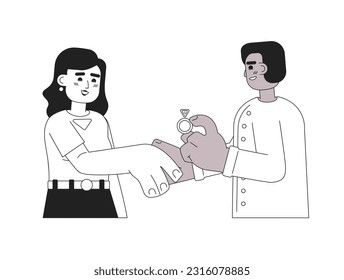 Surprise marriage proposal monochrome concept vector spot illustration. Interracial couple holds hands 2D flat bw cartoon characters for web UI design. Wedding isolated editable hand drawn hero image