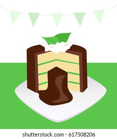 Surprise mint cake with bunting on a green background