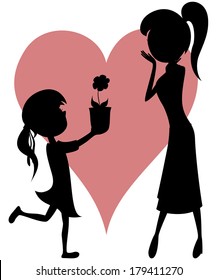 Surprise Mom! Cartoon-style art with black silhouettes of a girl giving a flower to her mother.