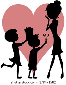 Surprise Mom! Cartoon-style art with black silhouettes of a girl and a boy with short hair giving a gift box and a bouquet of roses to their mother.