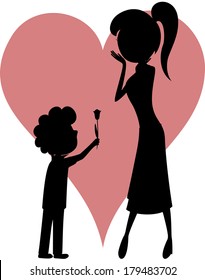 Surprise Mom! Cartoon-style art with black silhouettes showing a brown and curly-haired boy giving a tulip to his mother.