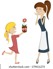 Surprise Mom! Colorful and detailed cartoon-style art with a blonde girl in pink giving a flower to her mother.