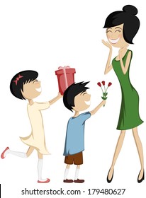 Surprise Mom! Colorful and detailed cartoon-style art with a black-haired daughter and son giving a gift box and a bouquet of roses to their green dressed mother.