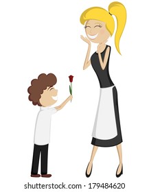 Surprise Mom! Colorful and detailed cartoon-style art with a brown and curly-haired boy giving a tulip to his mother.