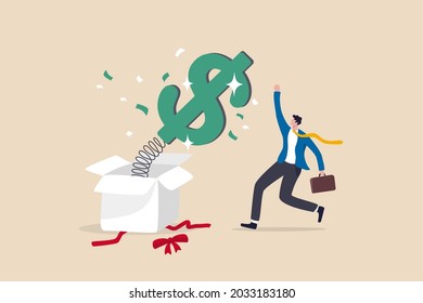 Surprise Money Or Reward, Bonus Or Salary Raise, Investment Profit, Dividend Or High Return Stock, Lucky Giveaway Or Winning Prize Concept, Happy Businessman Jumping High Opening Surprise Money Box.