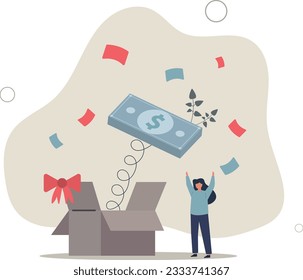 Surprise money or reward, bonus or salary raise, investment profit, dividend or high return stock, lucky giveaway or winning prize concept.flat vector illustration.