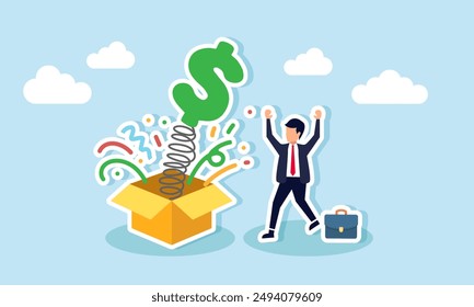 Surprise money or reward bonus, salary raise, investment profit, dividends, high-return stocks, or a winning prize, concept of happy businessman jumping high opening surprise money box.