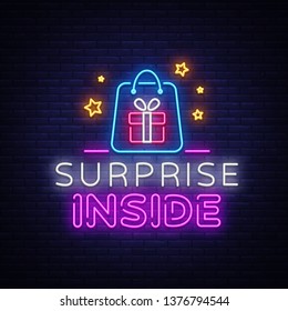 Surprise neon sign vector design template. Surprise Inside neon light banner design element colorful modern design trend, night bright advertising, bright sign. Vector illustration