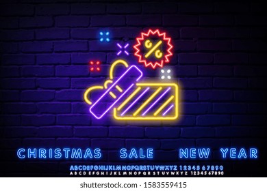 Surprise neon sign vector design template. Gift with bow neon sign light banner design element colorful modern design trend, night bright advertising, bright sign. Vector illustration