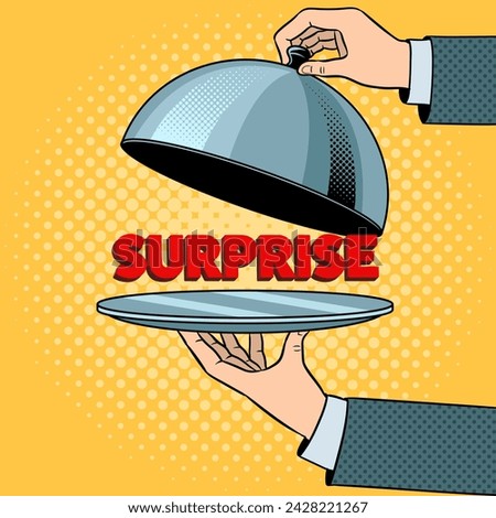 Surprise on serving tray plate. Concept illustration. Pop art style hand drawn color vector illustration.