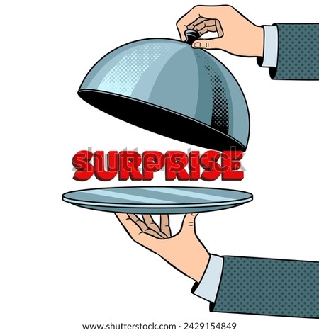 Surprise on serving tray plate isolated on white background. Concept illustration. Pop art style hand drawn color vector illustration.
