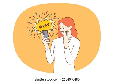 Surprise and online communication concept. Smiling positive surprised girl standing looking at smartphone screen with wow lettering vector illustration 