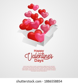 surprise open box wrapped with pop up 3d heart shape balloon for valentine's day greeting card template