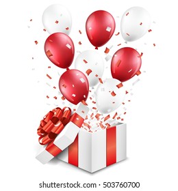Überraschende offene Geschenkbox mit Ballons und Konfetti
