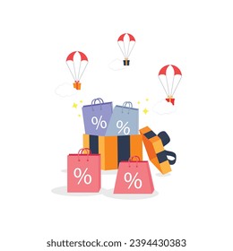surprise open gift box with discount paper shop bag and hot air balloon carrying gift box