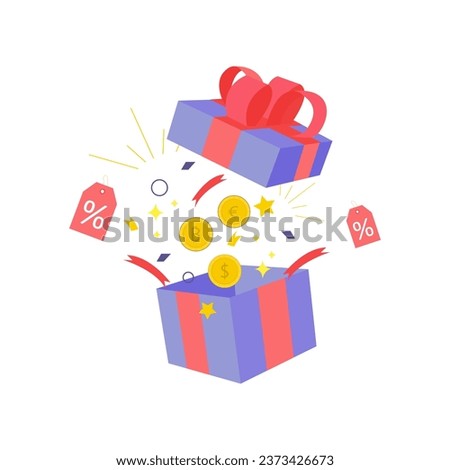 surprise open gift box with pink ribbon, confetti, discount voucher and coins vector illustration
