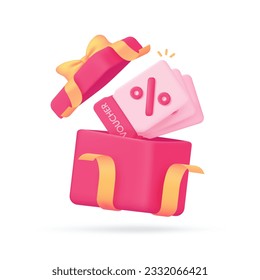 Surprise open gift box Product price discount voucher. 3d illustration