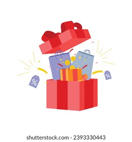 surprise open gift box with red ribbon, confetti, discount voucher, paper bag and present